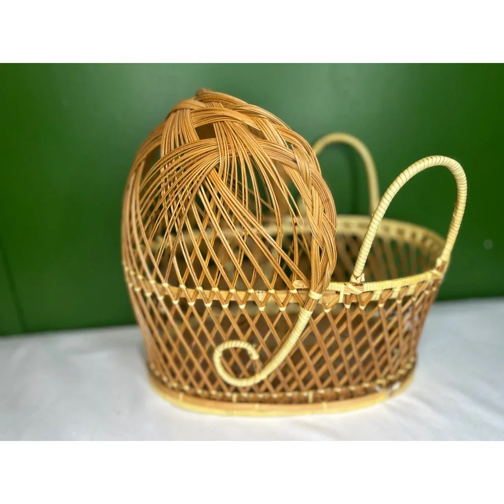 Vintage Wicker Doll Bassinet Miniature Rattan Cradle Hooded Basket Boho Decor